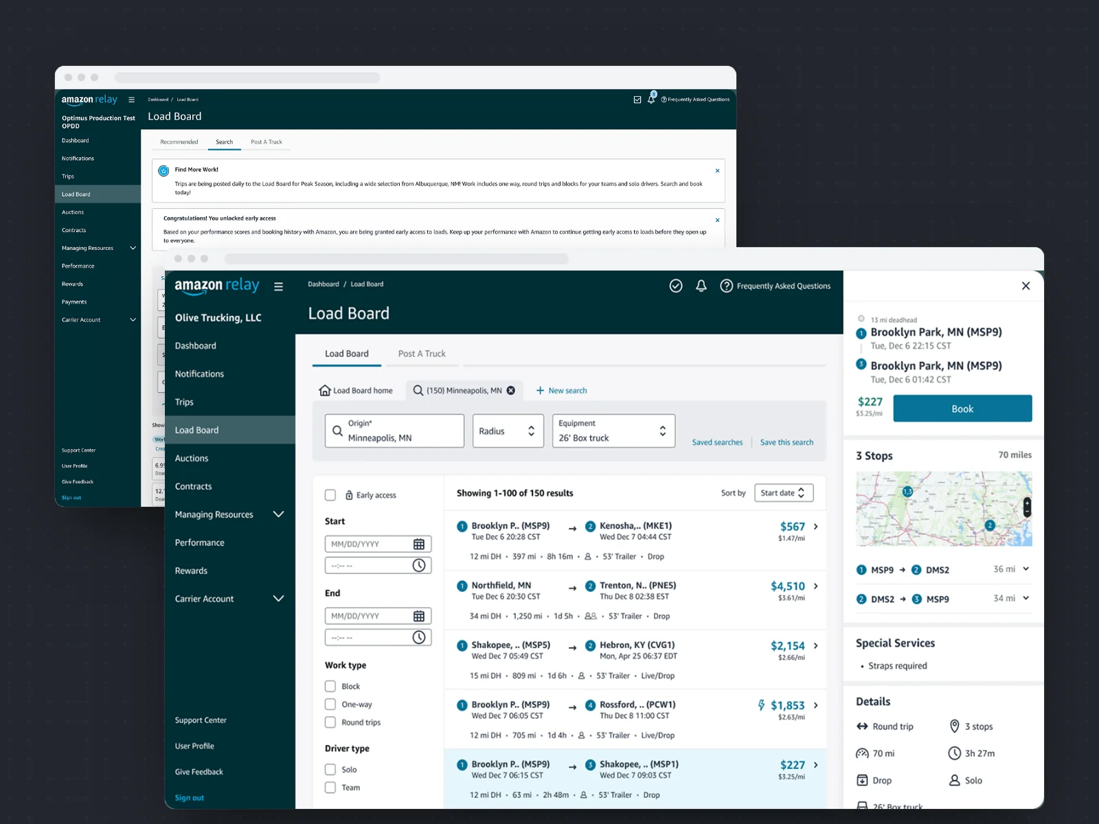 The Relay Load Board before and after the redesign, shown as two overlapping browser windows