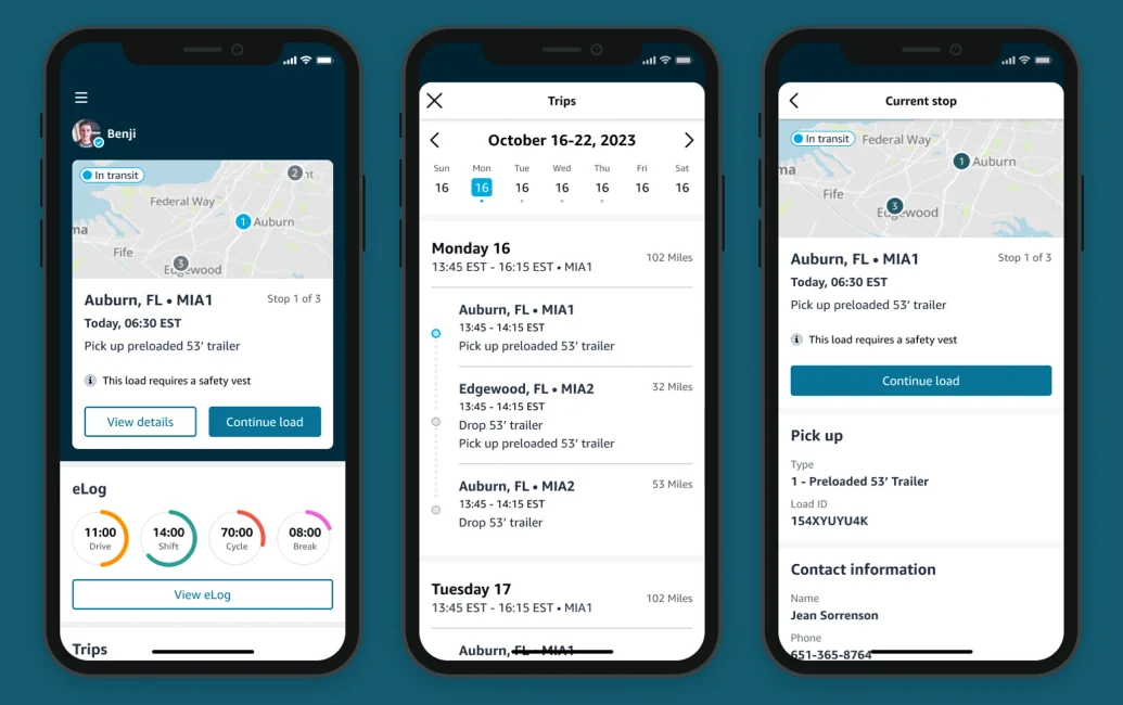 The redesigned Relay home screen, weekly schedule and current stop screen
