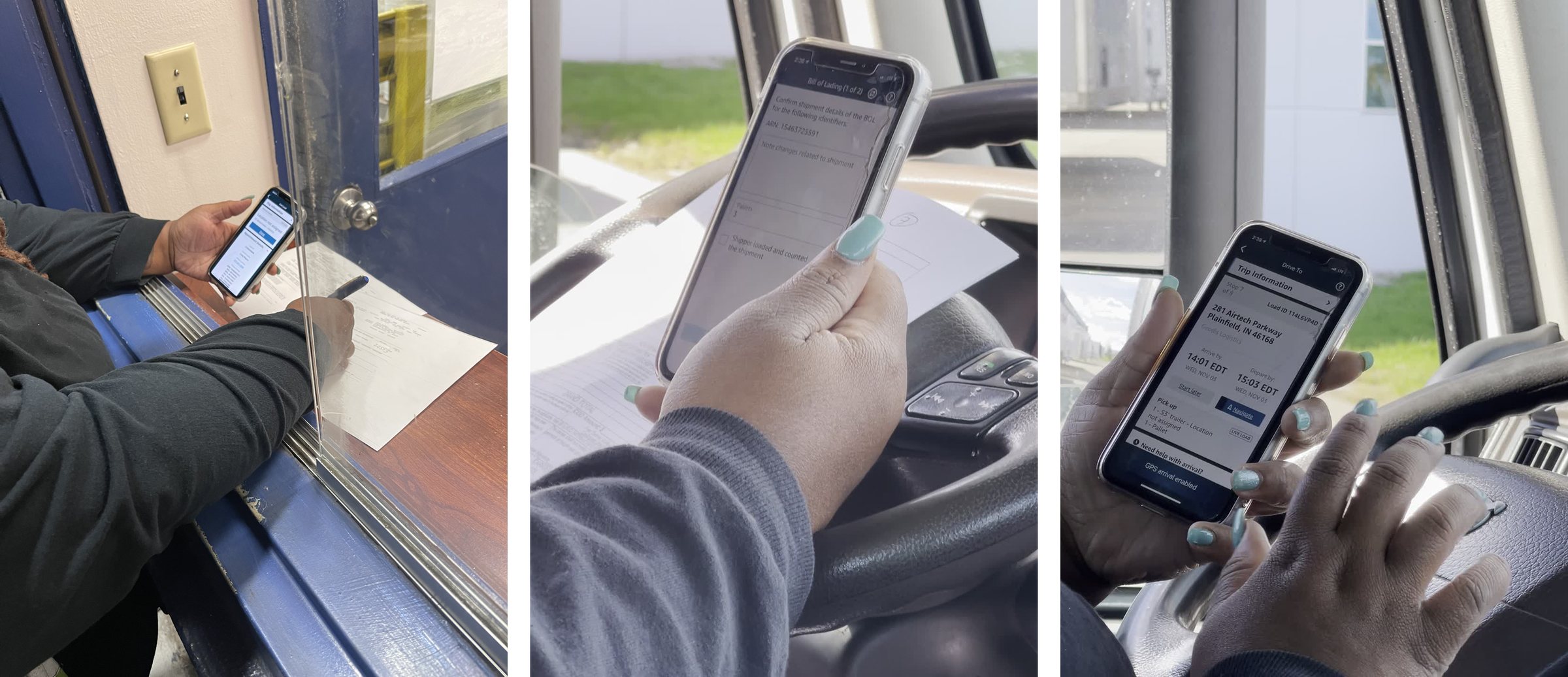 Three photos from the field study: a driver checking in at a shipping window with a phone and paperwork, a driver photographing a bill of lading in the cab, and a driver reviewing trip information at the wheel.