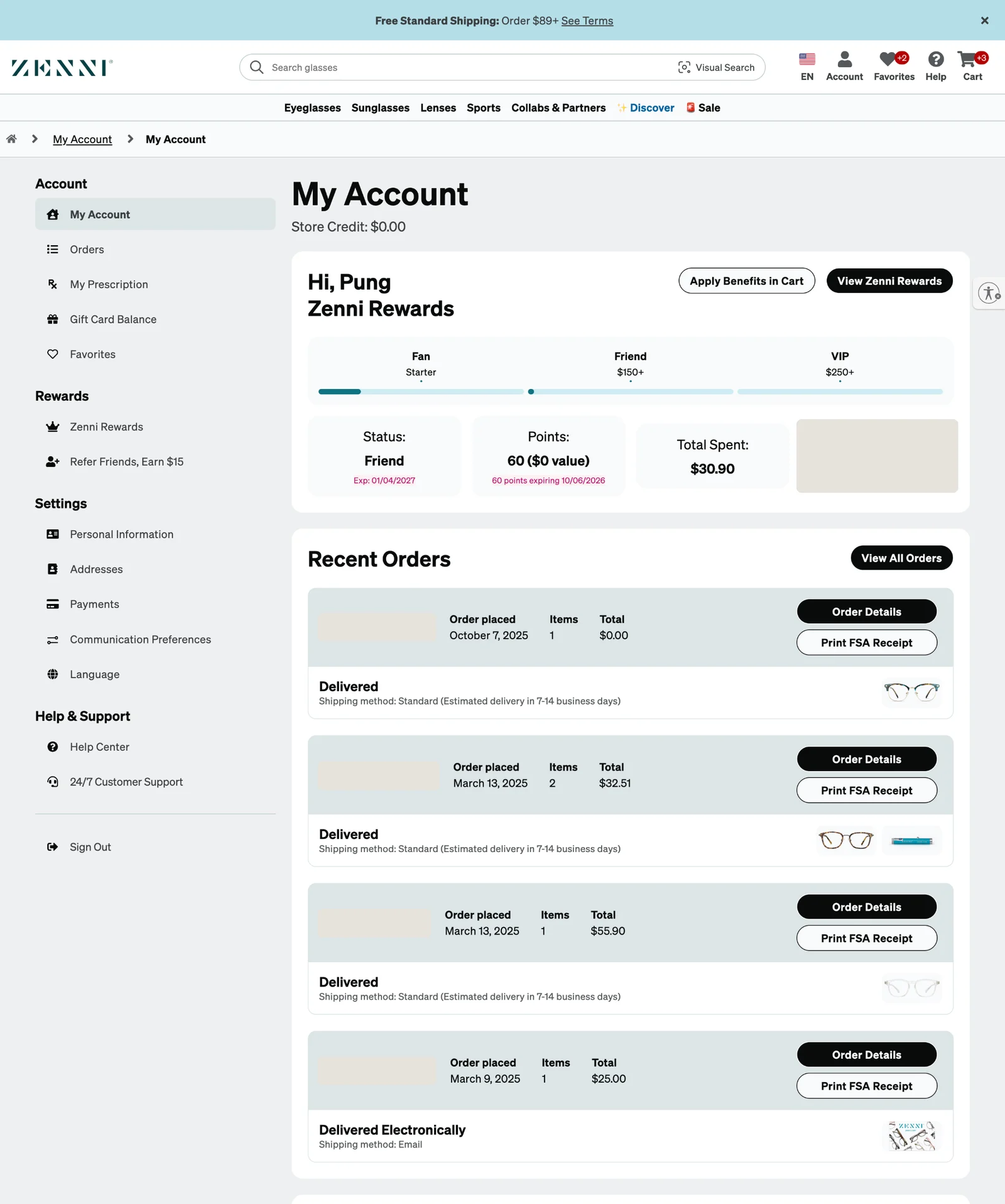 The redesigned My Account dashboard: a navigation panel grouped into Account, Rewards, Settings and Help and Support, a Zenni Rewards card with tier progress and points, and recent orders as cards with Order Details and Print FSA Receipt buttons.