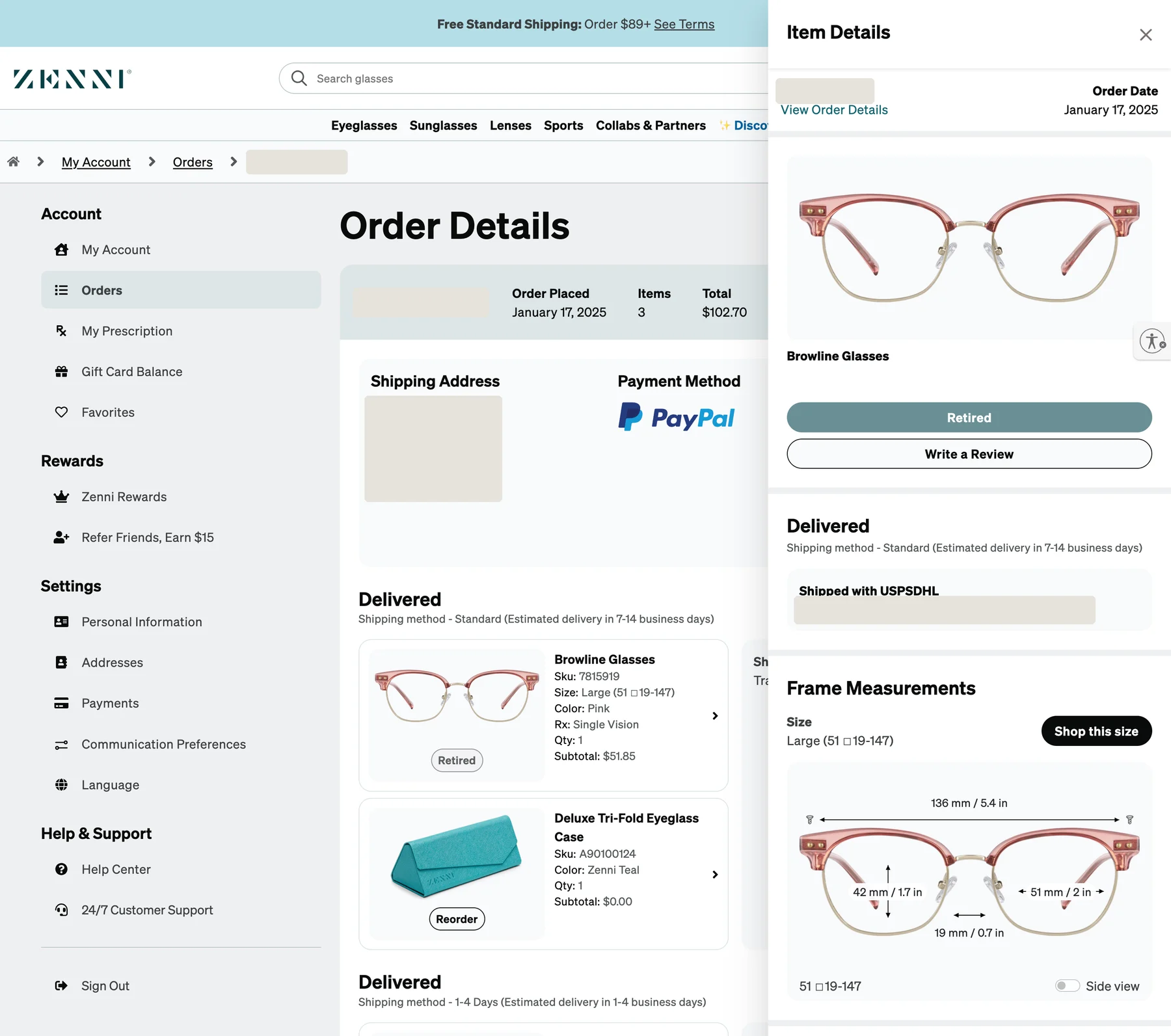 Order Details with the item details panel open: the frame image, Retired and Write a Review buttons, delivery status, and a Frame Measurements diagram with lens width, bridge, temple length and a Shop this size button.