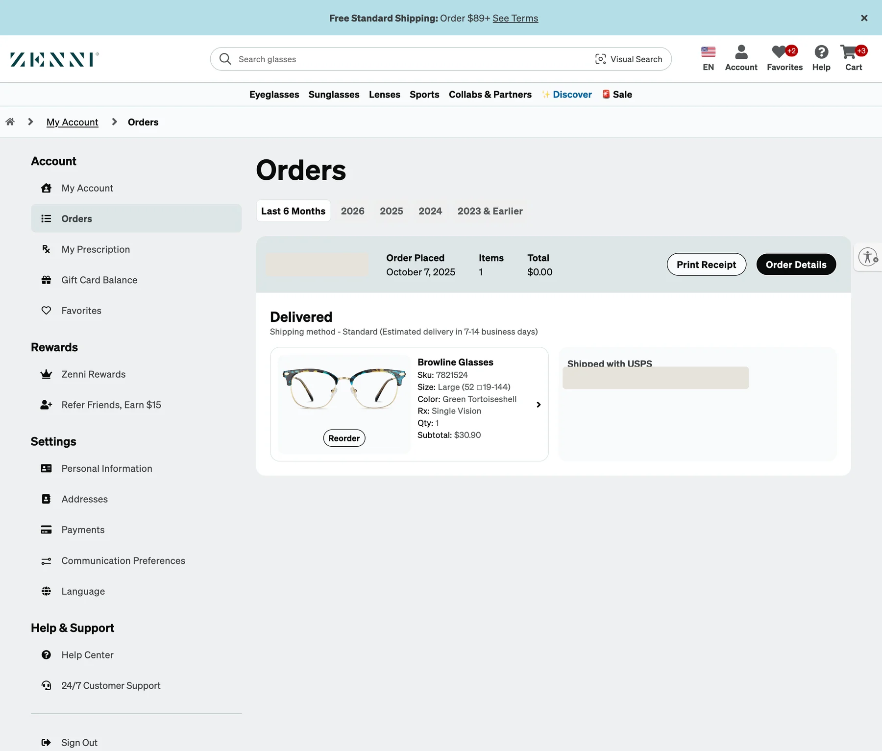 The Orders page: tabs for Last 6 Months, 2026, 2025, 2024 and earlier, and an order card with order date, items, total, Print Receipt and Order Details, the delivered item and its USPS shipment.