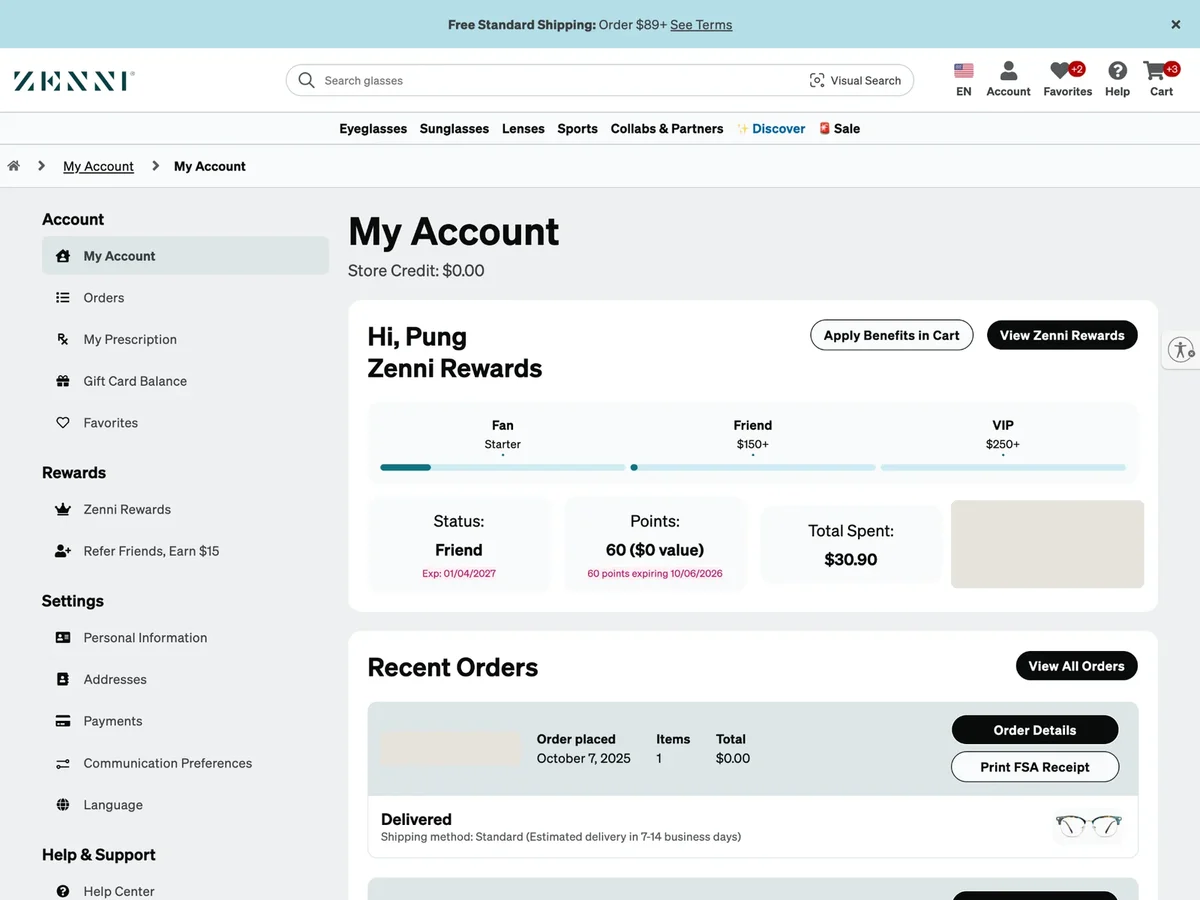 The redesigned Zenni My Account dashboard, with a left navigation panel, Zenni Rewards status and recent orders