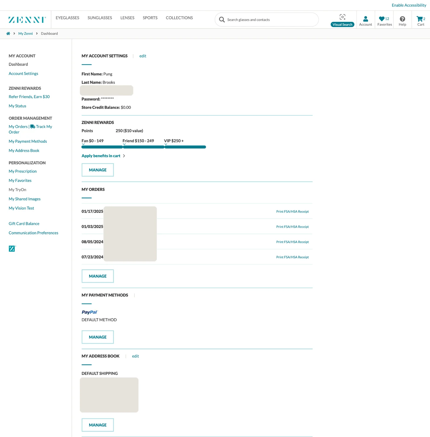 The legacy My Account dashboard: a plain text navigation of Zenni links, then stacked sections for account settings, Zenni Rewards points, a text list of orders, payment methods and the address book, each with a Manage button.