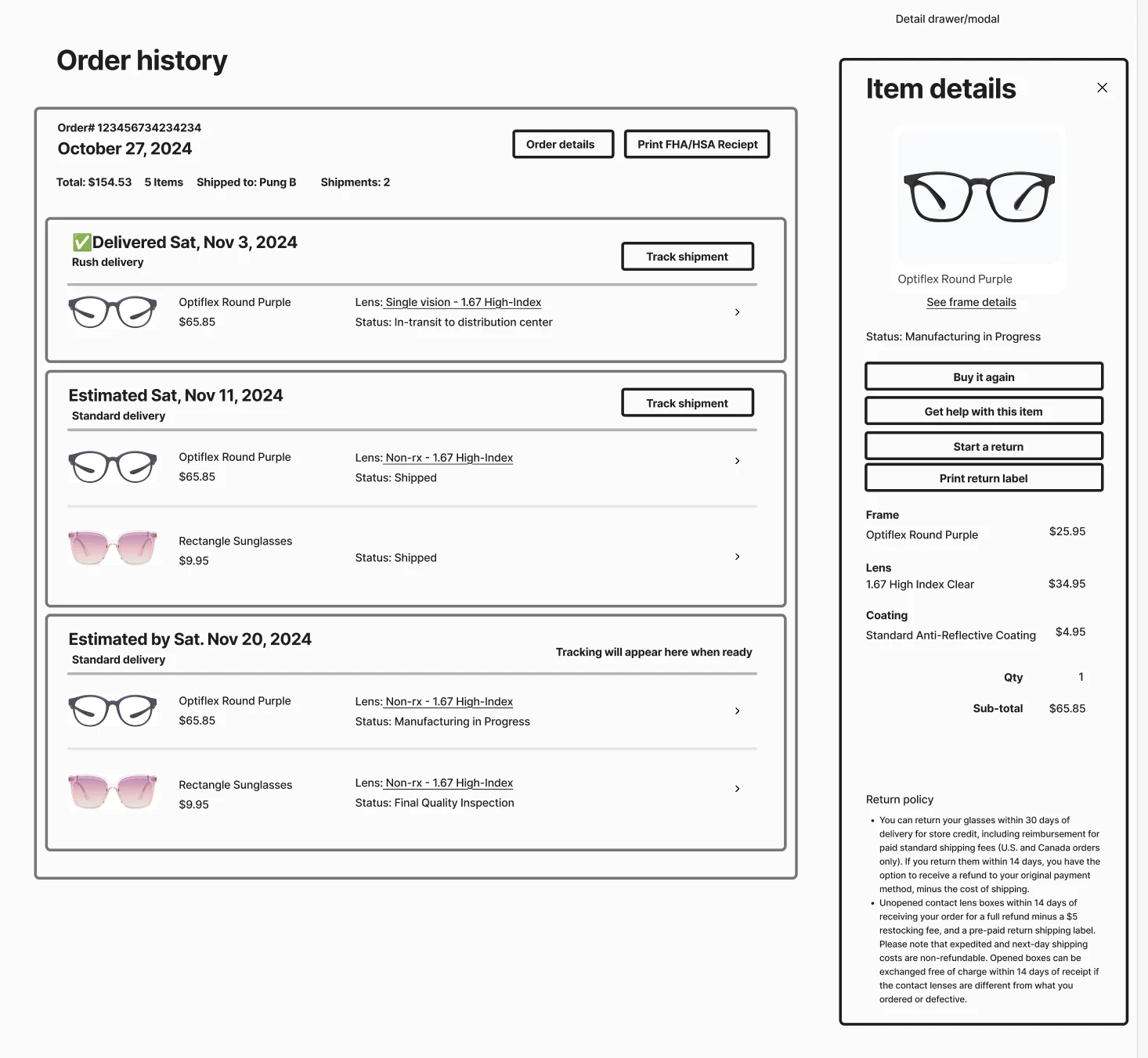 Low-fidelity wireframe: an order history with order cards grouped by estimated delivery date, each item with its status, and an item details drawer with Buy it again, Get help with this item, Start a return and Print return label.