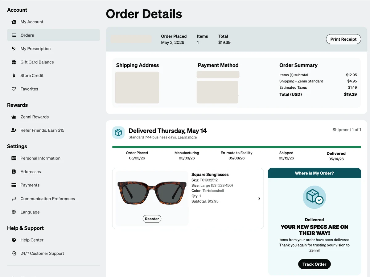 The shipped Order Details page with a five-step tracker from Order Placed to Delivered, and a Where is My Order card beside the item