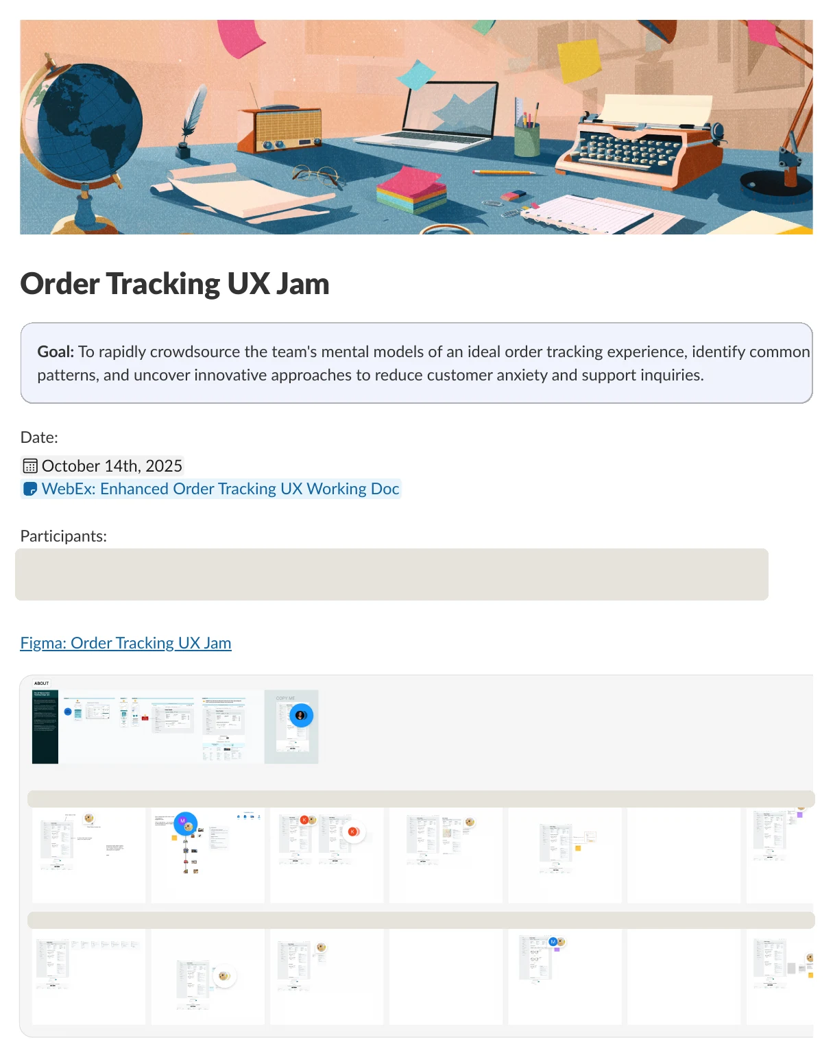 The Order Tracking UX Jam canvas in Slack: the goal of crowdsourcing the team's mental models of an ideal order tracking experience, the date October 14, 2025, and a Figma board with each participant's tracker sketches in a grid.