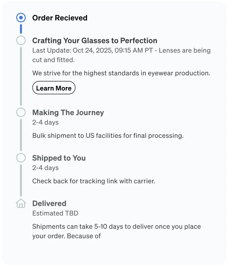 An early vertical tracker: Order Received, Crafting Your Glasses to Perfection with a last update about lenses being cut and fitted, Making The Journey, Shipped to You, and Delivered with Estimated TBD.