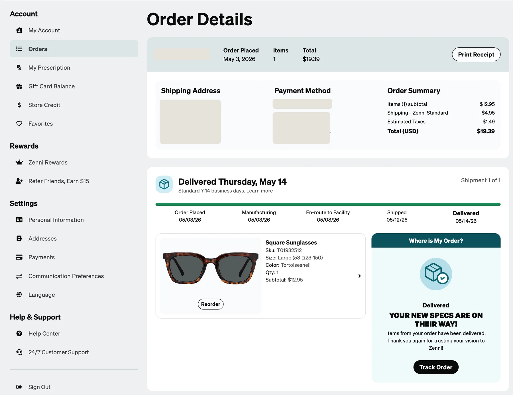 The shipped Order Details page: a Delivered Thursday, May 14 header for Shipment 1 of 1, a five-step tracker from Order Placed through Manufacturing, En-route to Facility and Shipped to Delivered with a date under each, and a Where is My Order card saying your new specs are on their way, with a Track Order button.