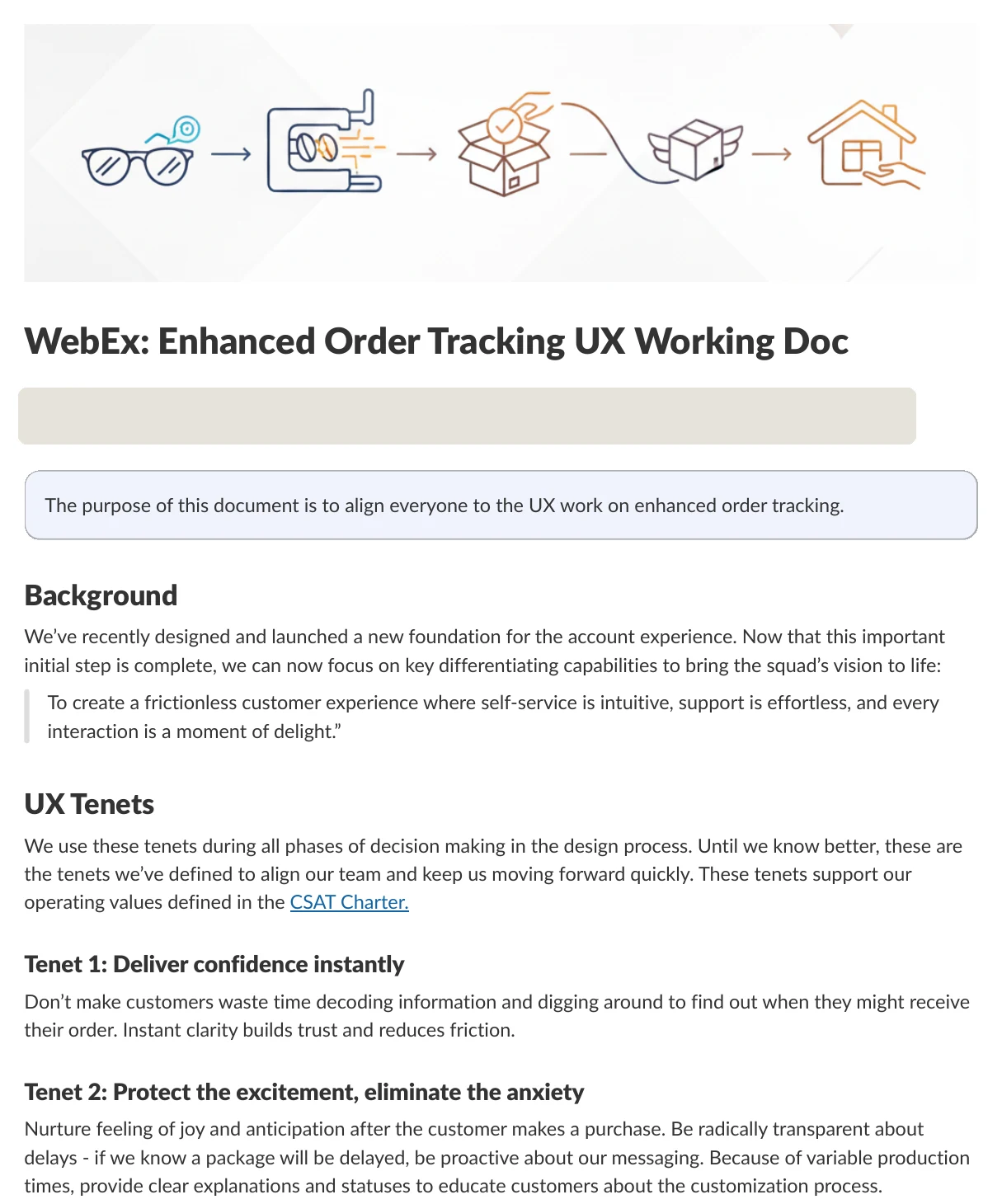 The Enhanced Order Tracking UX Working Doc in Slack: a header illustration of glasses moving from lab to box to home, the purpose of the document, background with the squad's vision, and the UX tenets.