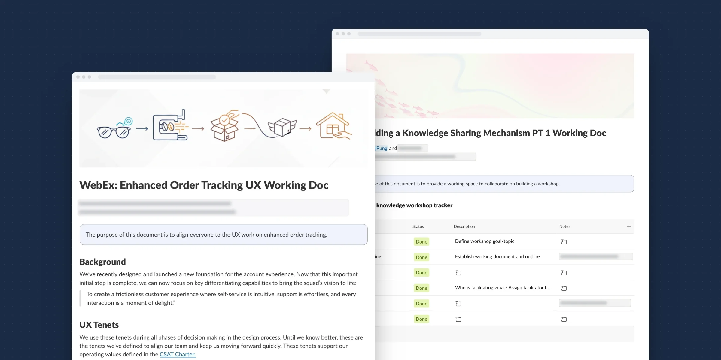 Two Zenni Slack canvases in browser windows, a UX working doc with its tenets in front of the Knowledge Sharing Mechanism workshop doc and its tracker