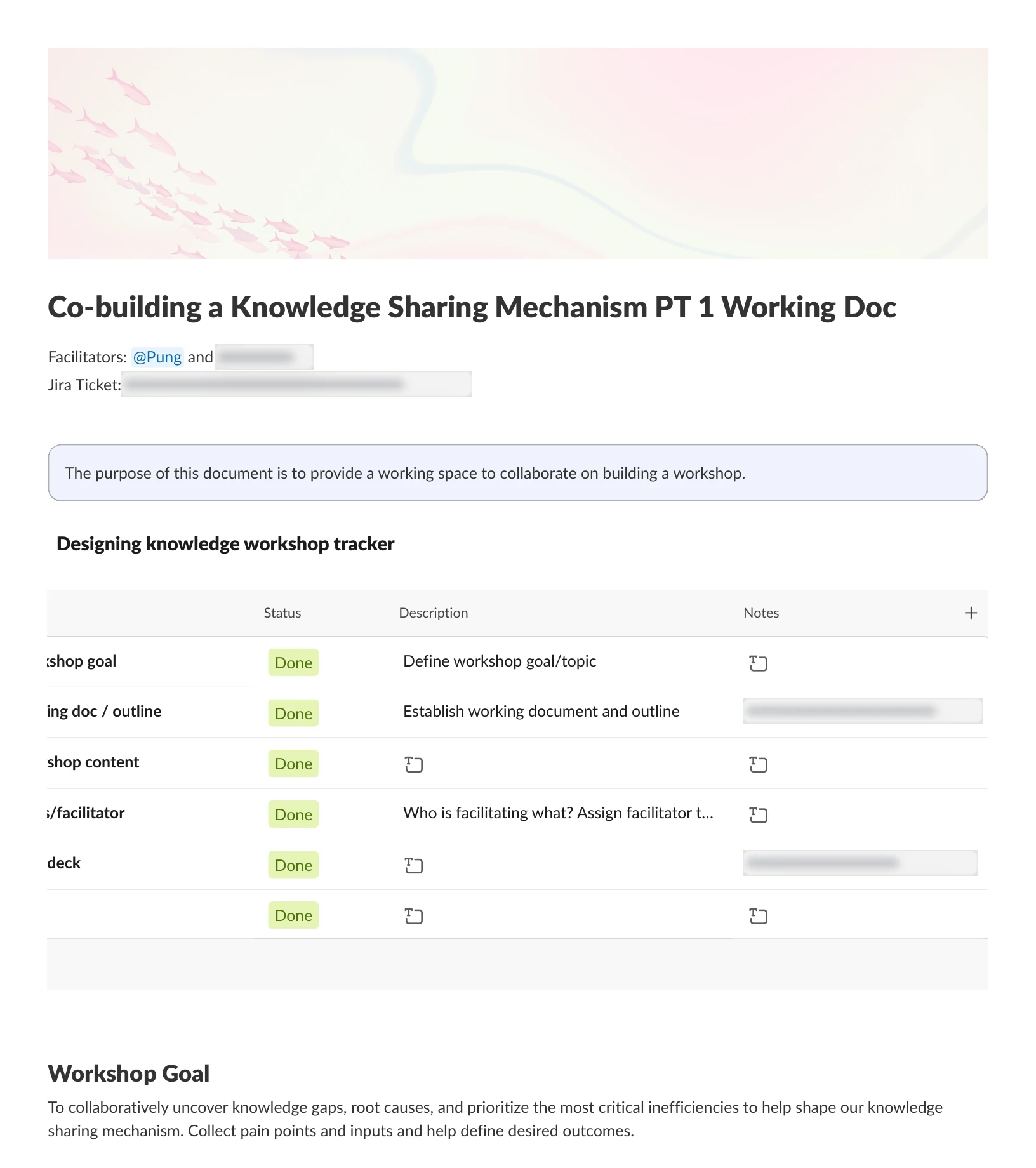 The Co-building a Knowledge Sharing Mechanism PT 1 Working Doc in Slack: facilitators, the purpose of the document, a workshop tracker with every task marked Done, the workshop goal, and the start of the agenda.