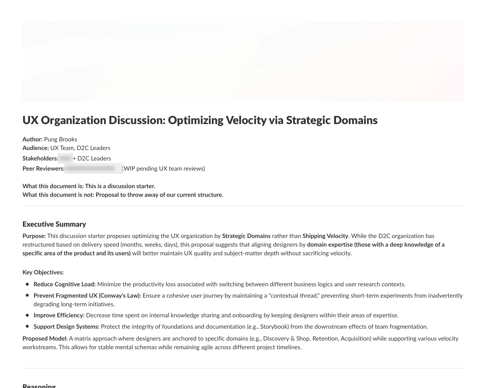 The UX Organization Discussion: Optimizing Velocity via Strategic Domains canvas: author Pung Brooks, audience UX team and D2C leaders, stakeholders, peer reviewers, and the lines what this document is, a discussion starter, and what it is not, a proposal to throw away our current structure.